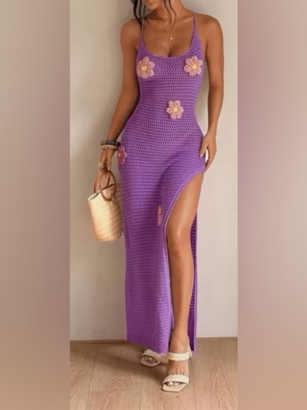 Purple Crochet Floral Appliqué Backless Maxi Dress Size M